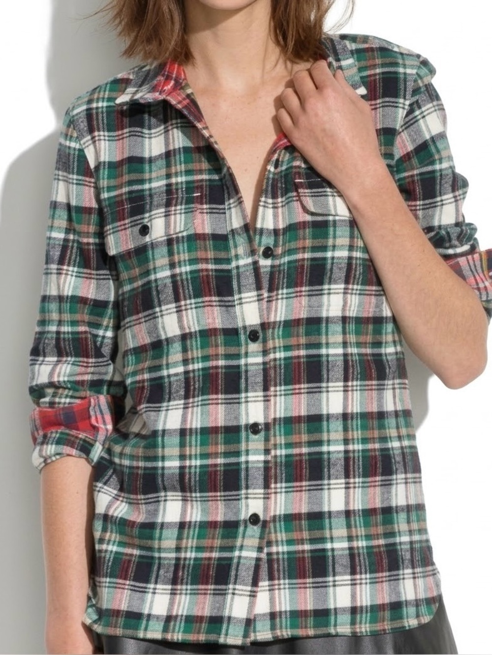 Madewell 1937 S Oversized Ex Boyfriend Flannel Shirt Plaid Green Red 100% Cotton